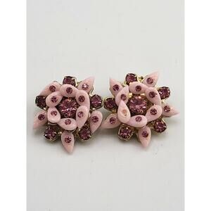 Vintage Pink Rhinestone Flower Clip On Earrings Gold Tone Floral Cluster